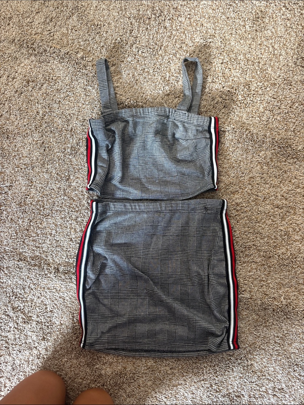 Plaid Crop Tank & skirt matching set with Red & White Side Stripe